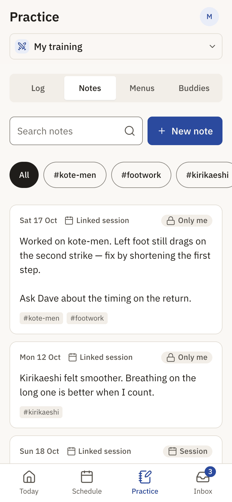 Training notes linked to sessions.