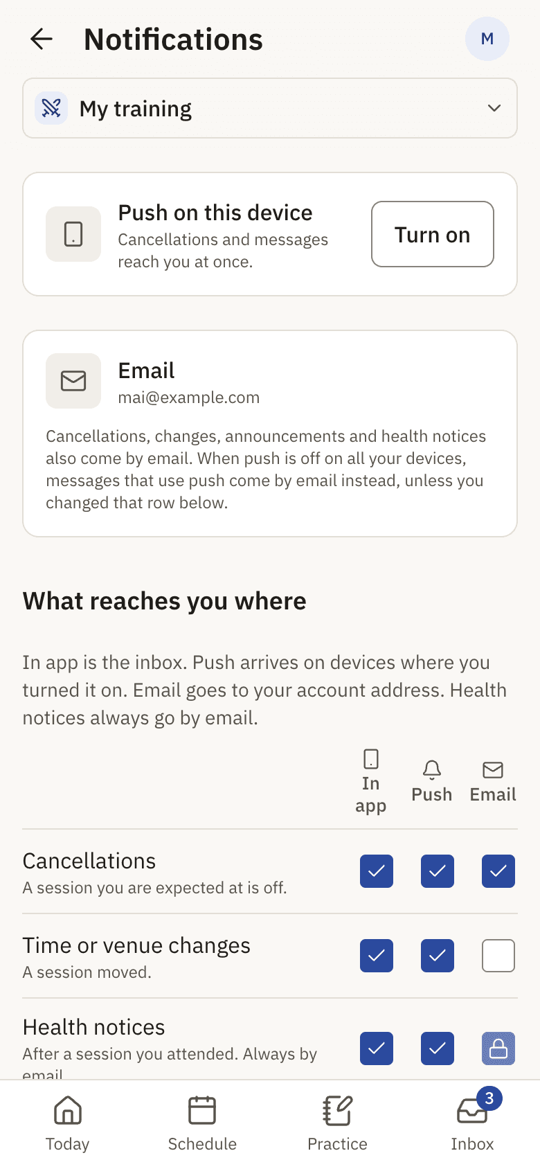 Notification settings for push and email.