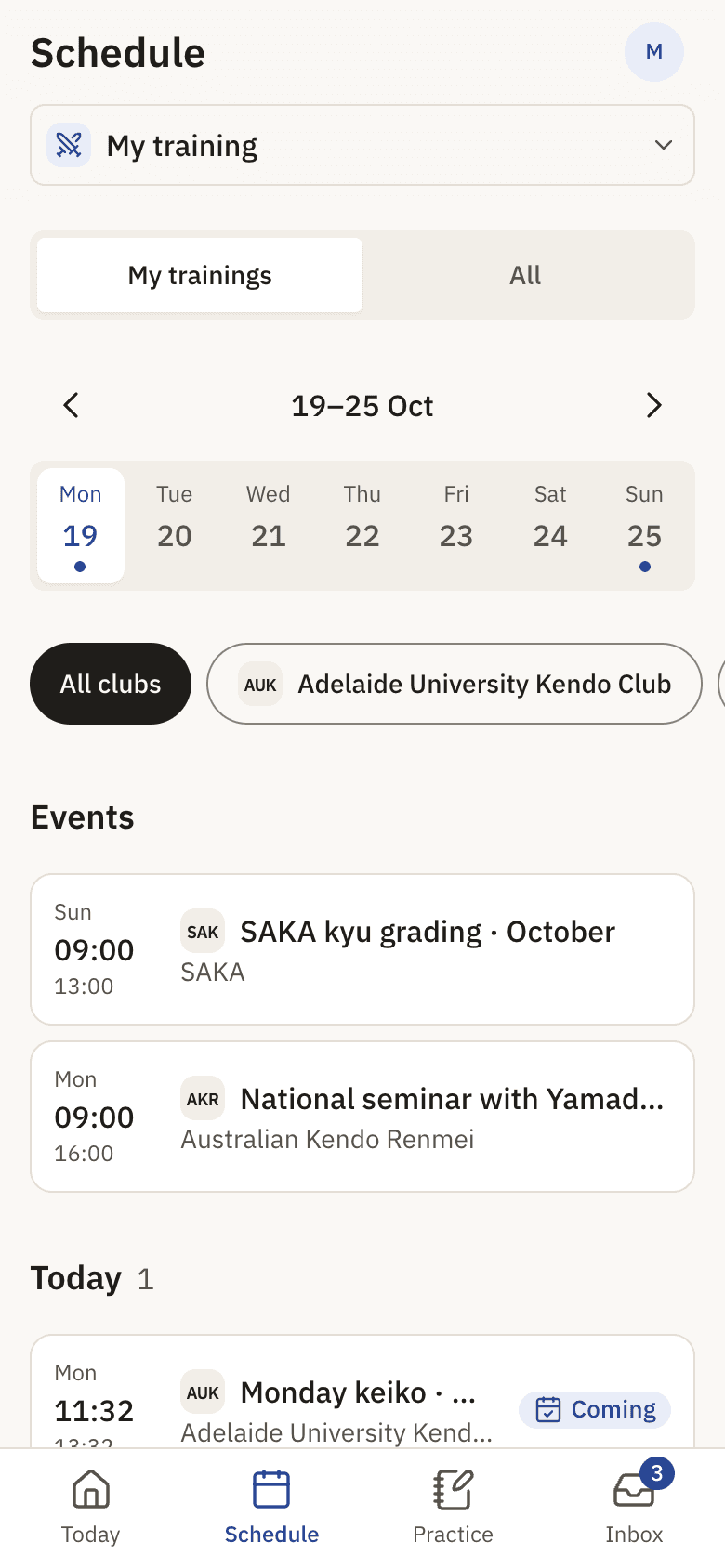 The Schedule screen with the week's sessions.