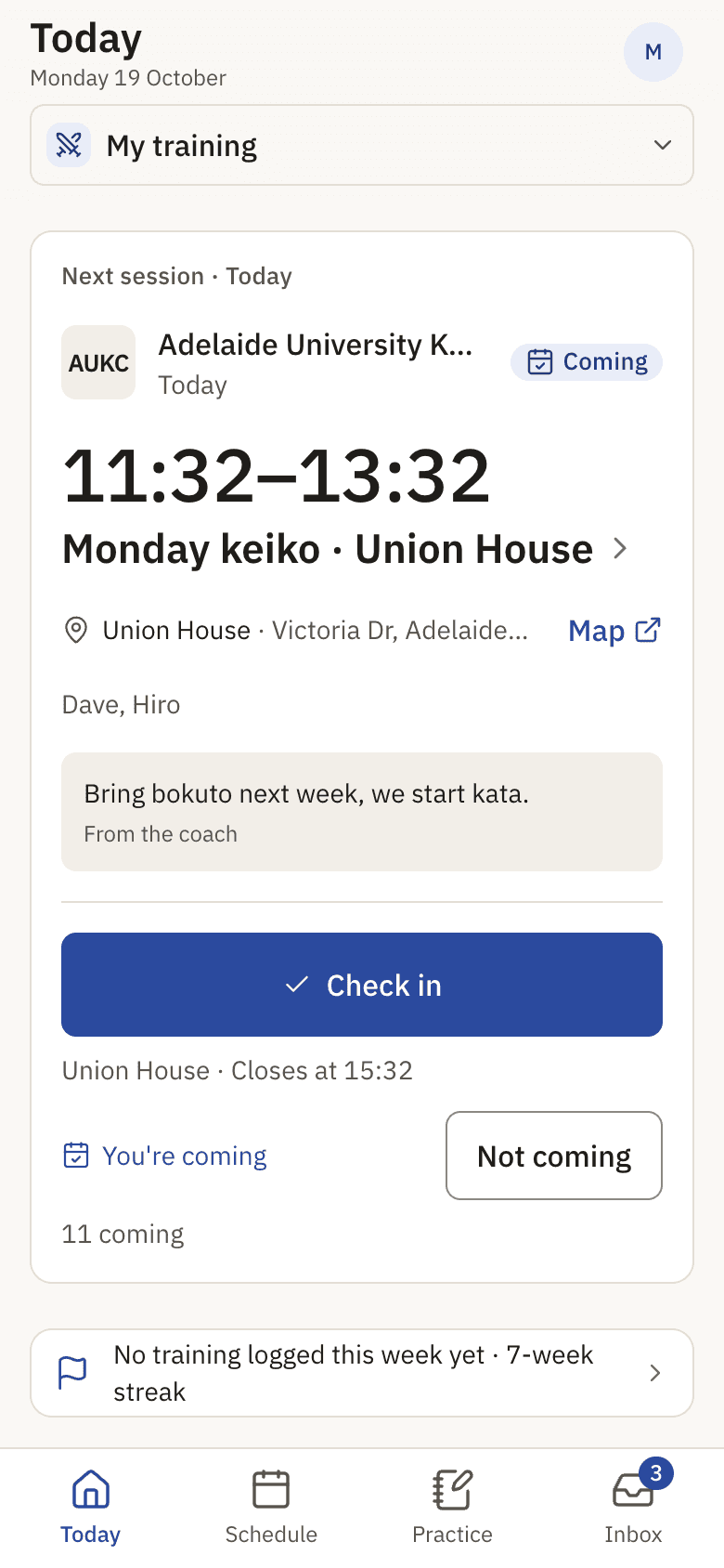 The Today screen: the next session, a Check in button, and the coach's message.